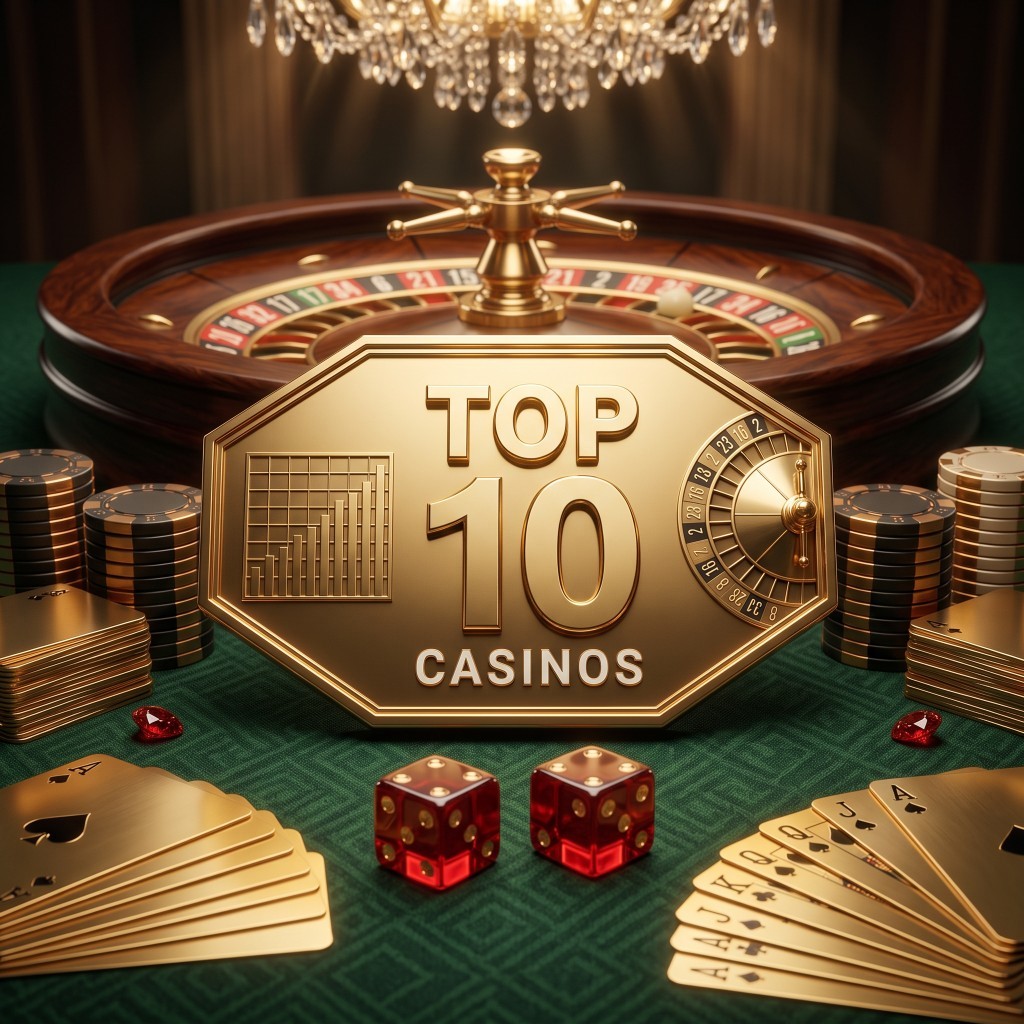 Gold roulette wheel, playing cards and a Top 10 Casinos sign on a casino table